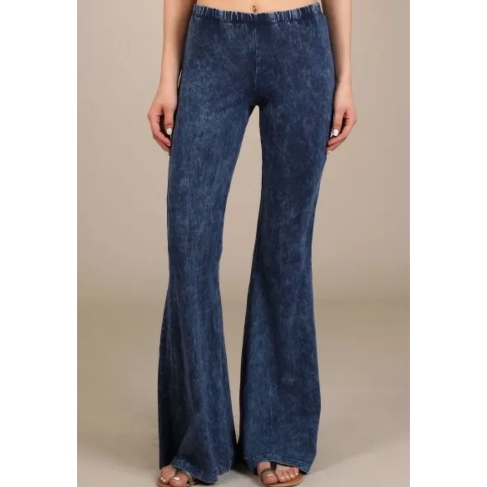Electric Blue Boho Mineral Wash Flared Pants - Picture 2 of 6